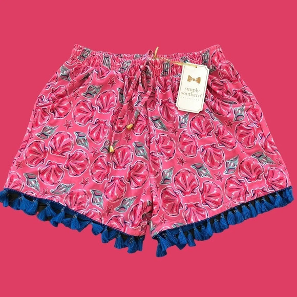NWT Simply Southern S/M Pink Shell Print Pull On Shorts Tassels Beachy New Star - Picture 1 of 7